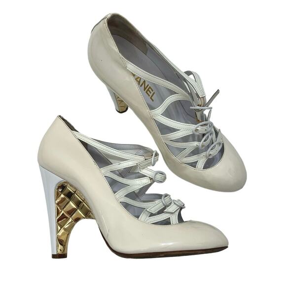 CHANEL Shoes - Chanel Buckle Mary Jane Wedge Pumps White Patent Leather Pumps | 39/US 8-8.5